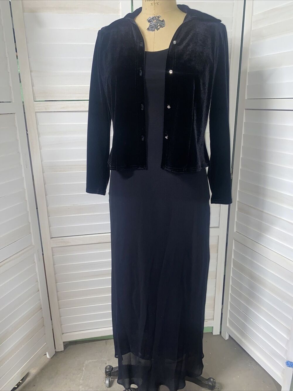 Vintage Benjamin A. Los Angeles Sexy Black Sheath Maxi Dress Velvet Top Sz 4P
